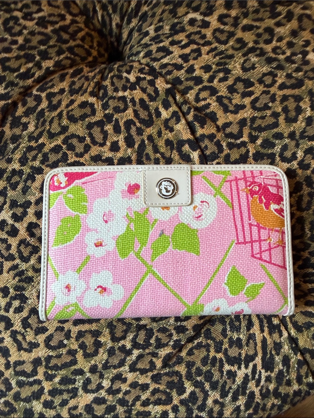 Spartina 449 Pink Floral Canvas Zip Wallet with Lime Green Accents